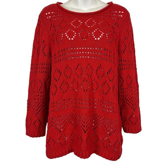 Talbots Womens Red Pointelle Knit Long Sleeve Pullover Cotton Blend Sweater sz L - Picture 1 of 16